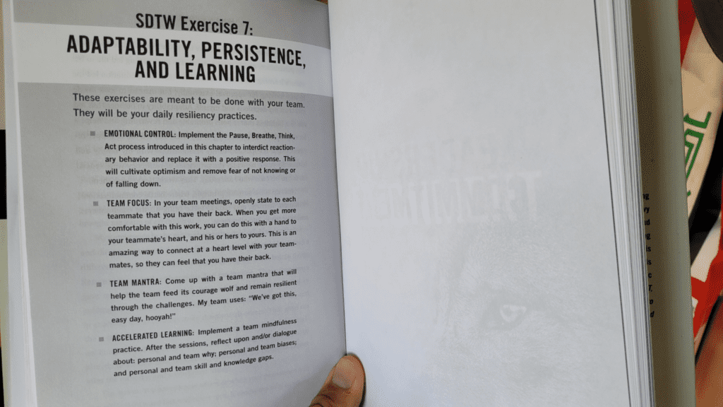 Exercises in each chapter of t Staring Down the Wolf; 7 leadership commitments that forge elite teams